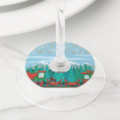 Kersttrein en kleine hond wijnglaslabel (Dichtbij)