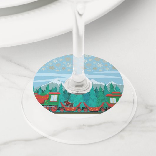 Kersttrein en kleine hond wijnglaslabel (Dichtbij)