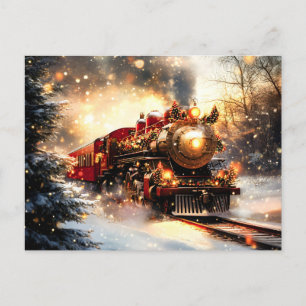 Kersttrein Express in Vintage Sneeuwnacht Aankondigingskaart
