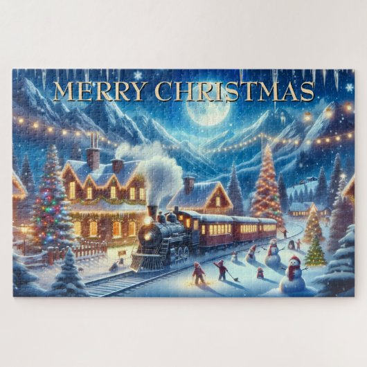 Kersttrein in besneeuwd dorp met kinderen legpuzzel (Horizontaal)