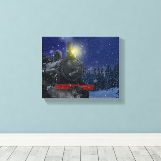 Kersttrein in de sneeuw canvas afdruk (Insitu (Houten vloer))