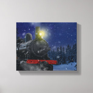 Kersttrein in de sneeuw canvas afdruk