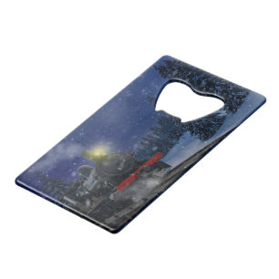 Kersttrein in de sneeuw creditkaart flessenopener