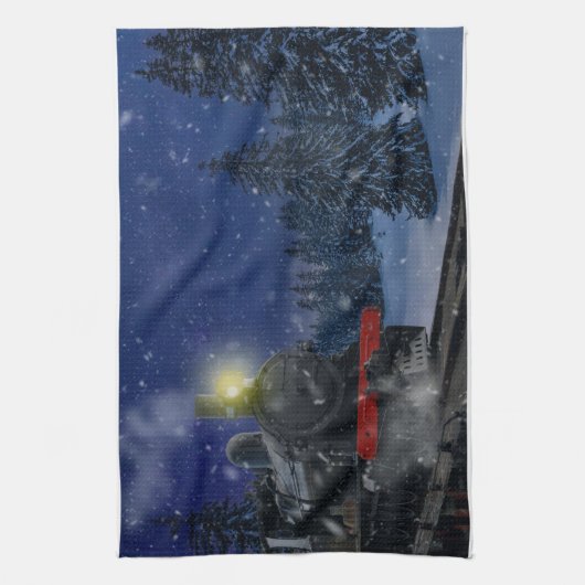 Kersttrein in de sneeuw theedoek (Verticaal)