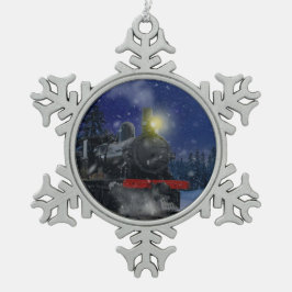 Kersttrein in de sneeuw tin sneeuwvlok ornament