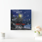 Kersttrein in de sneeuw vierkante klok (Huis)