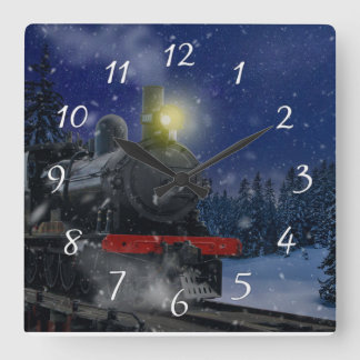 Kersttrein in de sneeuw vierkante klok