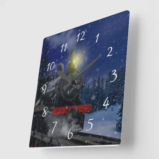 Kersttrein in de sneeuw vierkante klok (Hoek)