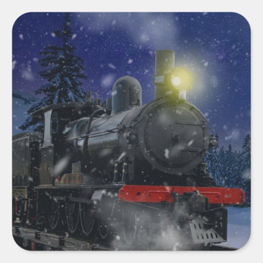 Kersttrein in de sneeuw vierkante sticker (Voorkant)