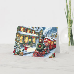 Kersttrein in het dorp van de Kerstman Feestdagen Kaart