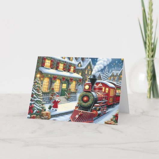 Kersttrein in het dorp van de Kerstman Feestdagen Kaart (Voorkant)