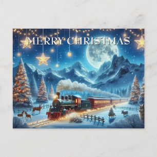 Kersttrein in het maanlicht met bosdieren feestdagenkaart