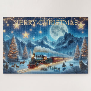 Kersttrein in het maanlicht met bosdieren legpuzzel