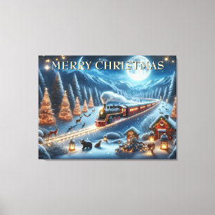 Kersttrein met lantaarns en bosdieren canvas afdruk
