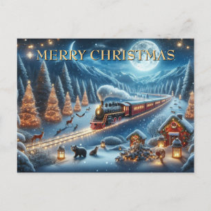 Kersttrein met lantaarns en bosdieren feestdagenkaart