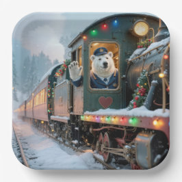 Kersttrein met zwaaiende ijsbeer papieren bordje