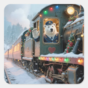 Kersttrein met zwaaiende ijsbeer vierkante sticker