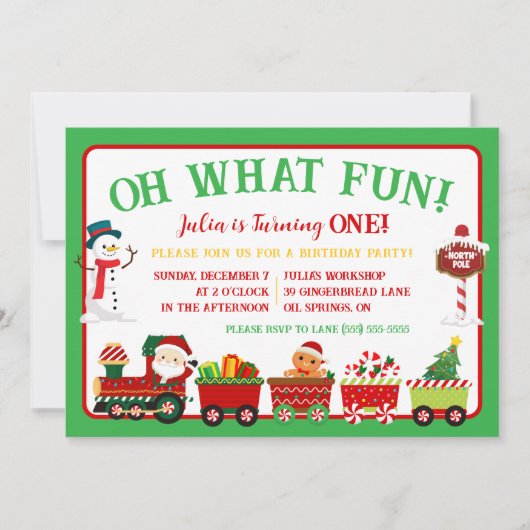 Kersttrein, oh wat leuk! 1e verjaardagsfeestje kaart (Voorkant)