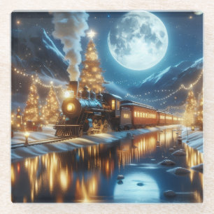 Kersttrein onder maanlicht in de winter glazen onderzetter