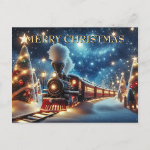 Kersttrein Onder Maanverlichte Sterrenhemel Feestdagenkaart