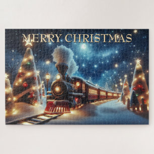 Kersttrein onder maanverlichte sterrenhemel legpuzzel