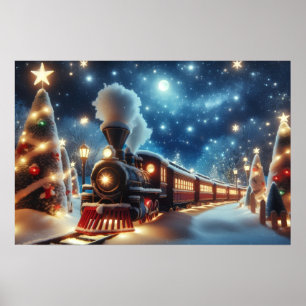 Kersttrein onder maanverlichte sterrenhemel poster