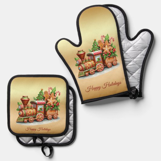 Kersttrein van gemberkoek ovenwant & pannenlap set (Voorkant / Achterkant)