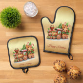 Kersttrein van gemberkoek ovenwant & pannenlap set (Top down)