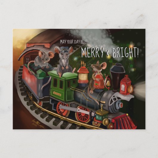 Kersttrein van Merry Mouse   Feestdagenkaart (Voorkant)