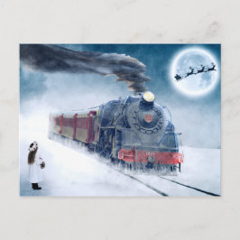 Kersttrein voor middernacht met meisje en Kerstman Feestdagenkaart