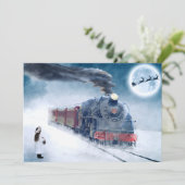 Kersttrein voor middernacht met meisje en Kerstman Feestdagenkaart (Staand voorkant)