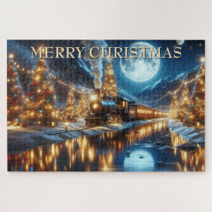 Kersttrein weerspiegeld in besneeuwd rivierdorp legpuzzel