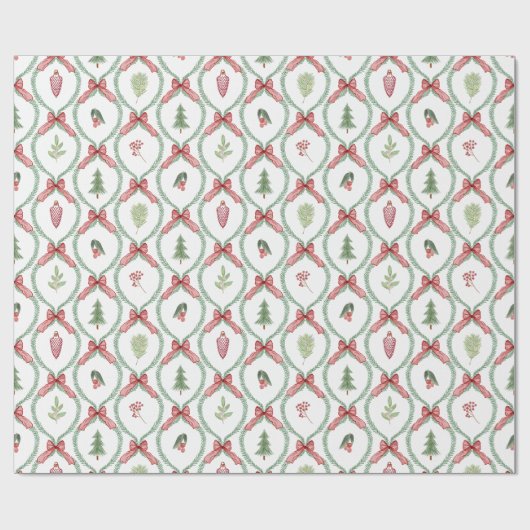 Kersttrellis rode bogen ornamenten & gebladerte cadeaupapier (Vlak)