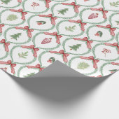 Kersttrellis rode bogen ornamenten & gebladerte cadeaupapier (Hoek)