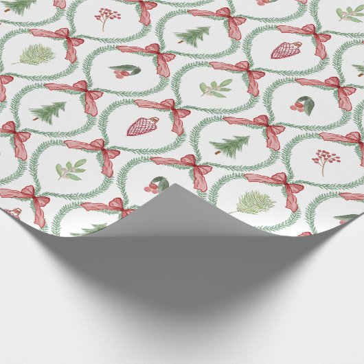 Kersttrellis rode bogen ornamenten & gebladerte cadeaupapier (Hoek)