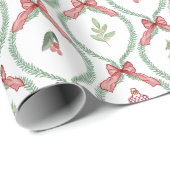 Kersttrellis rode bogen ornamenten & gebladerte cadeaupapier (Rol Hoek)