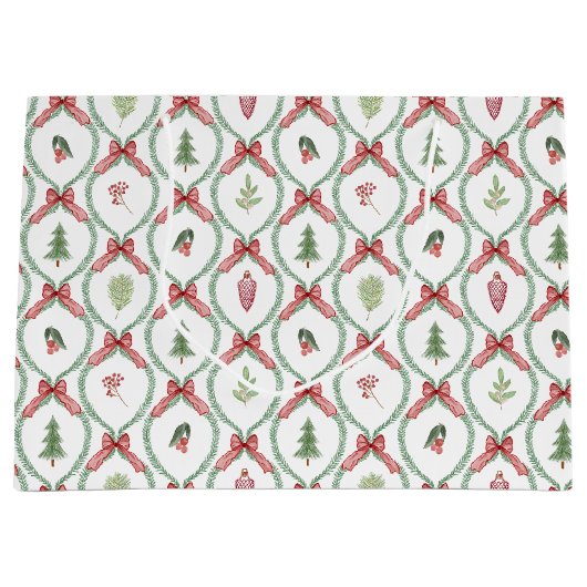 Kersttrellis rode bogen ornamenten & gebladerte groot cadeauzakje (Voorkant)