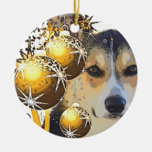 Kersttricolor Corgi met bollen Keramisch Ornament