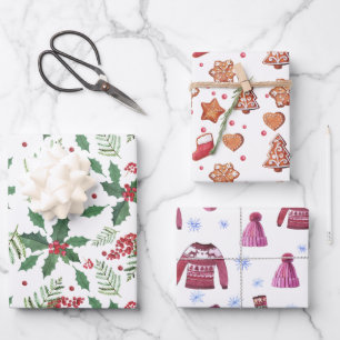 Kersttrio- koekjes, Holly Berries en Sweaters Inpakpapier Vel