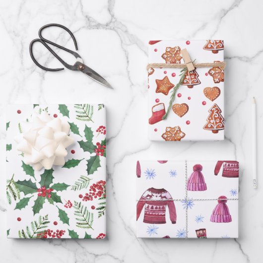 Kersttrio- koekjes, Holly Berries en Sweaters Inpakpapier Vel (Voorkant)