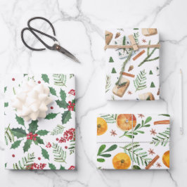 Kersttrio- Sinaasappels, Holly Berries en Cadeaus Inpakpapier Vel
