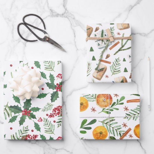 Kersttrio- Sinaasappels, Holly Berries en Cadeaus Inpakpapier Vel (Voorkant)