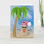 Kersttropisch zand man met palmboom feestdagen kaart<br><div class="desc">Snowman voor kerstzand met vakantielichten en tropische palmboom in zand</div>