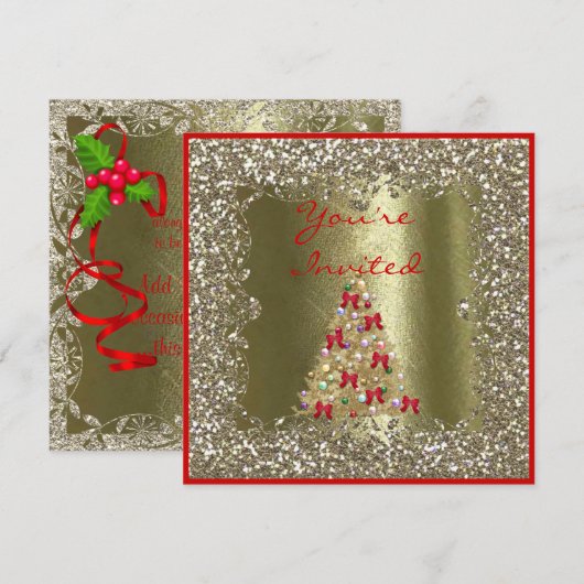 KERSTTROUWFEest KRISTAL Gouden Glitter Uitnodiging (Voorkant / Achterkant)