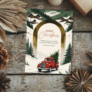 Kersttruck en boom in rustieke bergstijl feestdagenkaart