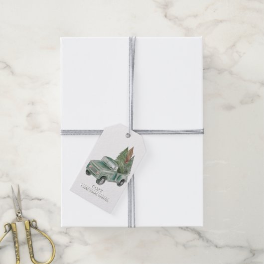 Kersttruck met bomen in landelijke stijl cadeaulabel (Met Touw)