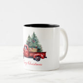 Kersttruck met boom2 tweekleurige koffiemok (Voorkant rechts)