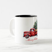 Kersttruck met boom2 tweekleurige koffiemok (Voorkant links)
