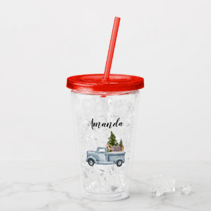 Kersttruck met pijnbomen en bosdieren acryl drinkbeker