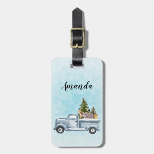 Kersttruck met pijnbomen en bosdieren bagagelabel